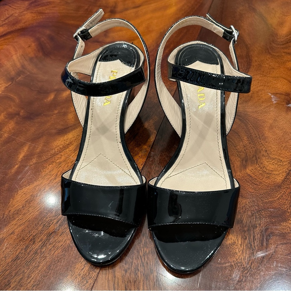 Prada Black Patent Leather Wedge Sandals - Picture 5 of 16
